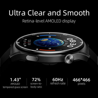 Black QCY Watch GT2 showcasing a 1.43" AMOLED display with 72% screen-to-body ratio, 60Hz refresh rate, and 466x466 pixels