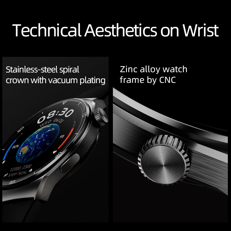 Black QCY Watch GT2 showcasing stainless-steel spiral crown with vacuum plating and zinc alloy frame crafted by CNC