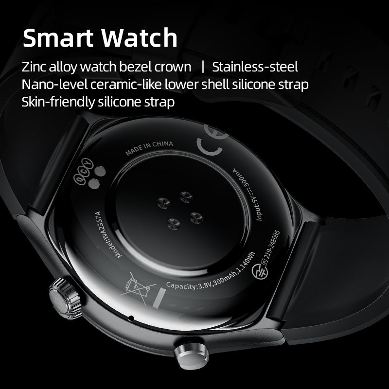 Back view of QCY Active GT smartwatch, detailing its materials and sensors.