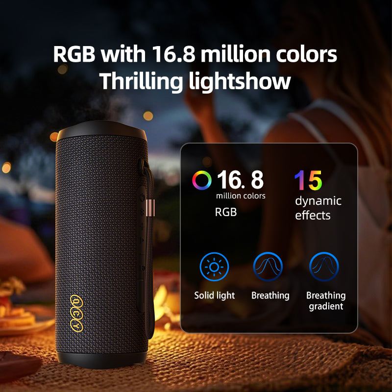  Black QCY SP7 speaker with RGB lights, displaying 16.8 million colors.