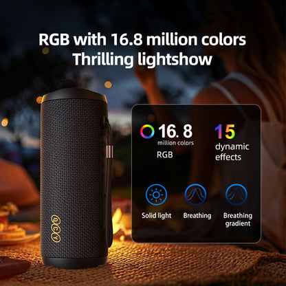  Black QCY SP7 speaker with RGB lights, displaying 16.8 million colors.