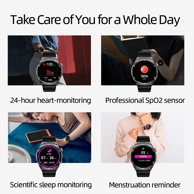 QCY Watch GT2 showcasing features like heart monitoring, SpO2 sensor, sleep tracking, and menstruation reminder