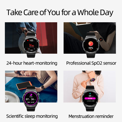 QCY Watch GT2 showcasing features like heart monitoring, SpO2 sensor, sleep tracking, and menstruation reminder