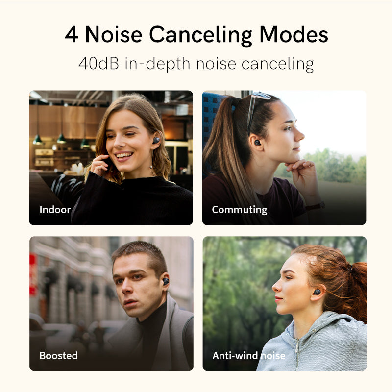 Black QCY ArcBuds featuring 40dB noise canceling with four modes: Indoor, Commuting, Boosted, and Anti-wind noise.