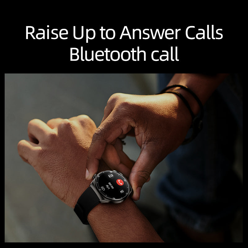 Black QCY Watch GT2 showcasing raise-to-answer call feature for Bluetooth calls, worn by model in a casual setting