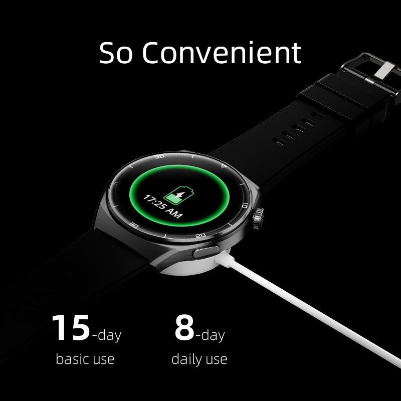 QCY Watch GT2 displaying battery life with 15 days of basic use and 8 days of daily use on a sleek design