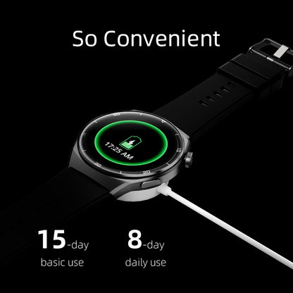 QCY Watch GT2 displaying battery life with 15 days of basic use and 8 days of daily use on a sleek design