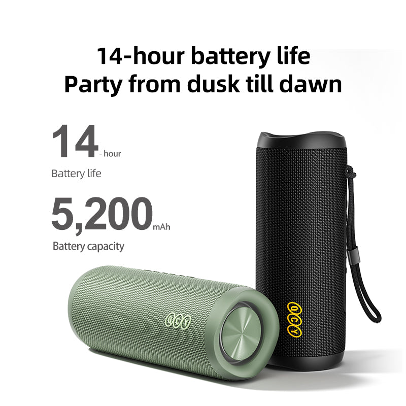 QCY SP7 speakers with 14-hour battery life and 5200mAh capacity.