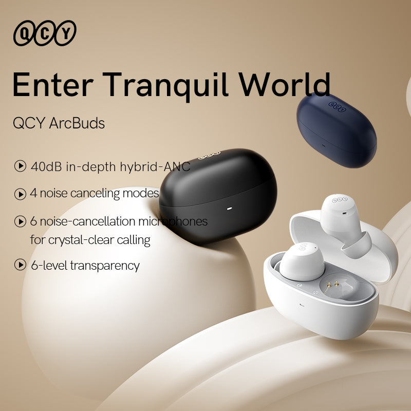 White QCY ArcBuds features: 40dB hybrid-ANC, 4 noise modes, 6 mics for clear calls, 6-level transparency on beige background.