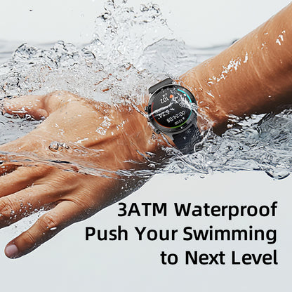 QCY Active GT smartwatch submerged in water, showcasing its 3ATM waterproof rating.