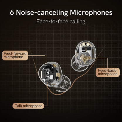 Black QCY ArcBuds structure showing three mic types: feed-forward, feed-back and talk mic for clear calling.