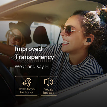 Black QCY ArcBuds transparency feature with 6 adjustable levels and vocal boost, shown in driving scenario.