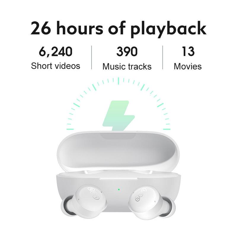 White QCY T17 earbuds with charging case, showing 26 hours of playback for 6240 videos, 390 music tracks, and 13 movies