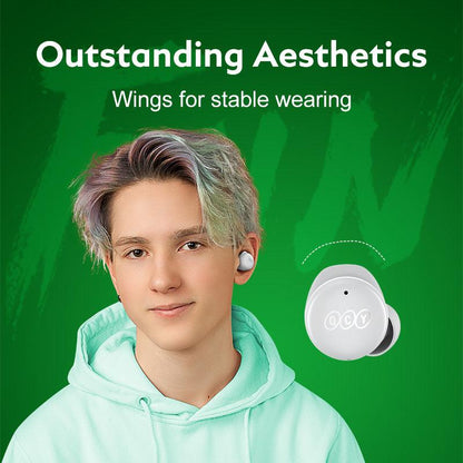 White QCY T17 earbuds worn by model, highlighting wings for stable wearing and showcasing outstanding aesthetics