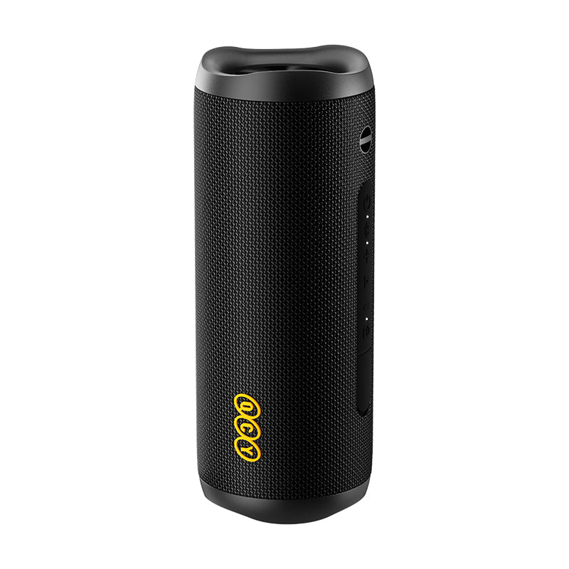 Black QCY SP7 speaker showcasing a sleek design and control buttons.