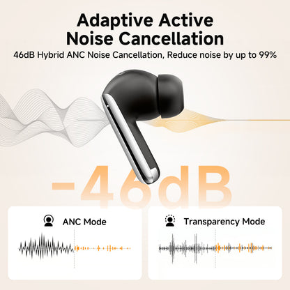 Black QCY MeloBuds Pro with 46dB hybrid ANC, showing sound wave comparison between ANC and transparency modes