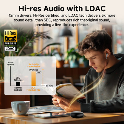 Black QCY MeloBuds Pro with Hi-Res Audio and LDAC, 12mm drivers, shown on model reading, highlighting sound quality.