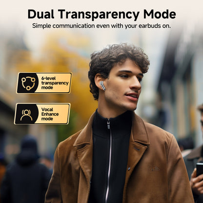 Black QCY MeloBuds Pro with dual mode: 6-level transparency and vocal enhance, shown on person wearing brown coat