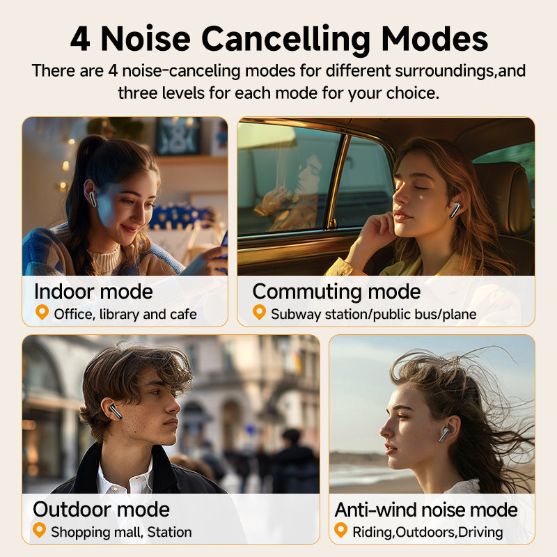 Gold QCY MeloBuds Pro featuring 4 noise modes: indoor, commuting, outdoor and anti-wind, shown in usage scenarios