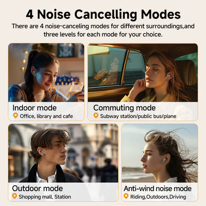 White QCY MeloBuds Pro featuring 4 noise modes: indoor, commuting, outdoor and anti-wind, shown in usage scenarios