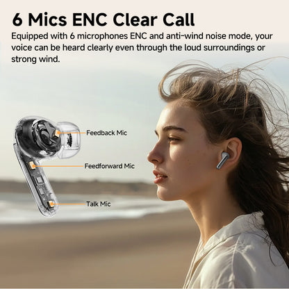 Black QCY MeloBuds Pro with 6-mic ENC system showing feedback, feedforward and talk mic positions in windy outdoor scene