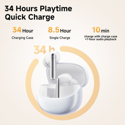 Black QCY MeloBuds Pro with 34h total playtime, 8.5h single charge, 10min quick charge for 1h playback shown in case