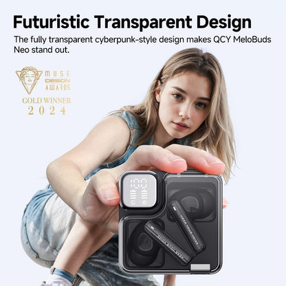 Black QCY MeloBuds Neo with futuristic transparent design, Muse Awards 2024 Gold Winner, held by model.