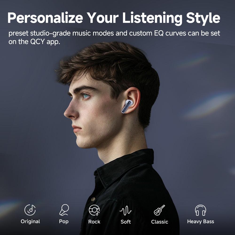 White QCY MeloBuds Neo earbuds worn by model, showcasing personalized listening styles with app EQ settings.