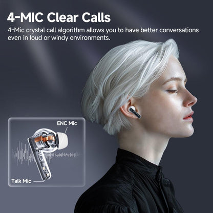 White QCY MeloBuds Neo earbuds with 4-mic clear calls, worn by model, featuring ENC and talk mic for better conversations.