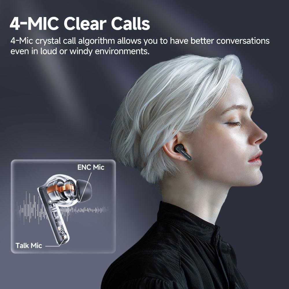 Black QCY MeloBuds Neo earbuds with 4-mic clear calls, worn by model, featuring ENC and talk mic for better conversations.