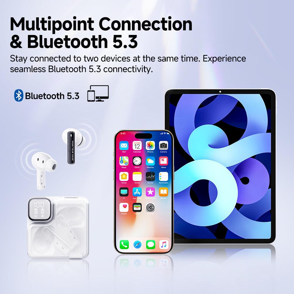 White QCY MeloBuds Neo earbuds with Bluetooth 5.3, multipoint connection, shown with phone and tablet.