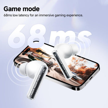 White QCY MeloBuds Neo earbuds with 68ms low latency for immersive gaming, shown with smartphone.