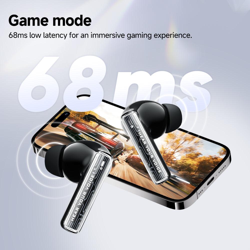 Black QCY MeloBuds Neo earbuds with 68ms low latency for immersive gaming, shown with smartphone.