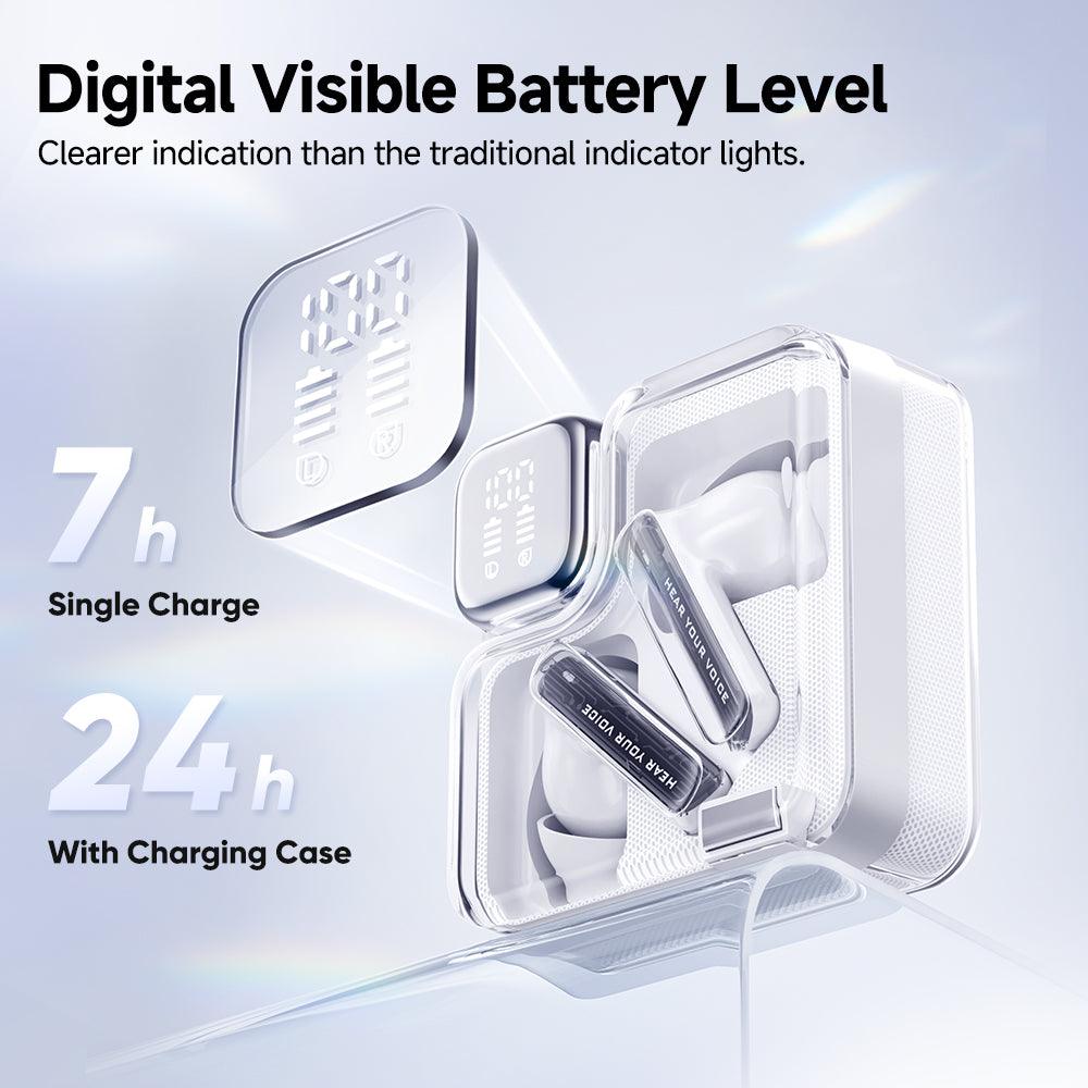 White QCY MeloBuds Neo with digital battery display, 7h single charge, 24h with case, clearer than indicator lights.