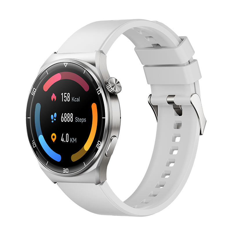 White QCY Watch GT2 displaying health metrics including calories, steps, and distance on a vibrant screen with a sleek design