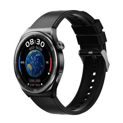 Black QCY Watch GT2 smartwatch with circular display showing Earth wallpaper, digital time 08:30 and fitness tracking data