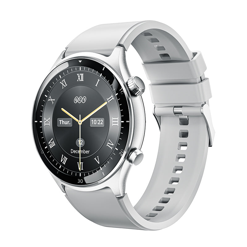 Silver QCY Active GT smartwatch with a white strap, displaying the time and date.