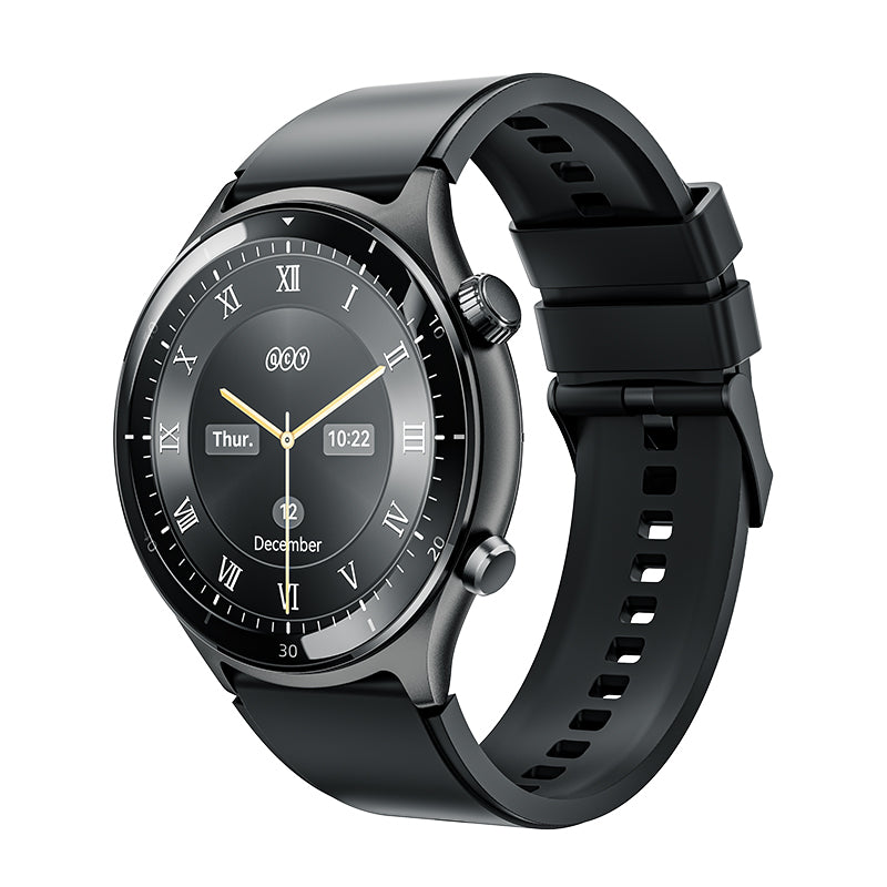 Black QCY Active GT smartwatch with a sleek design and a black strap.