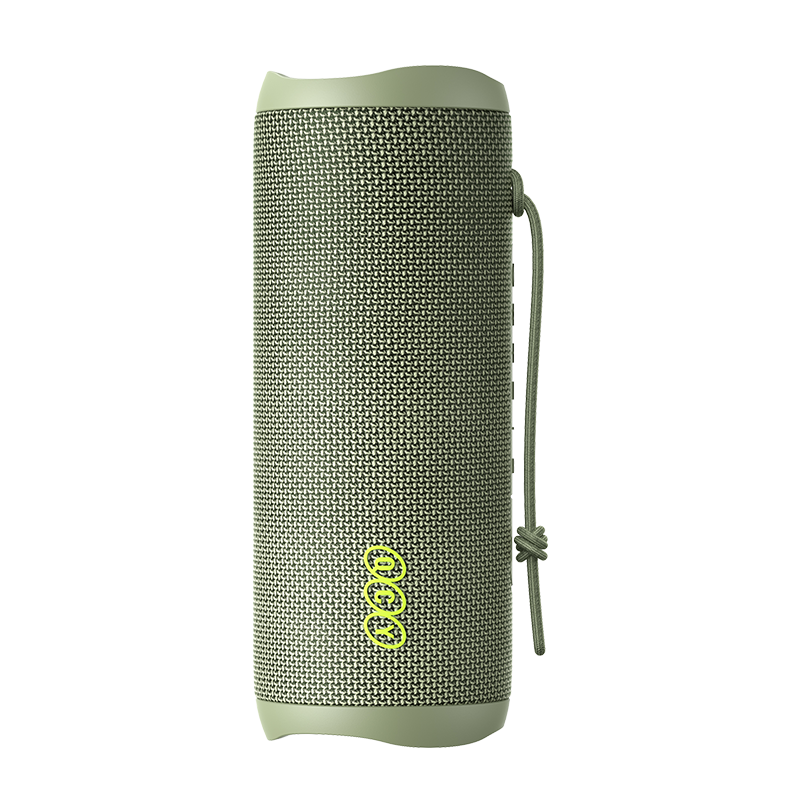 Green QCY SP7 speaker featuring a side view and a hanging strap