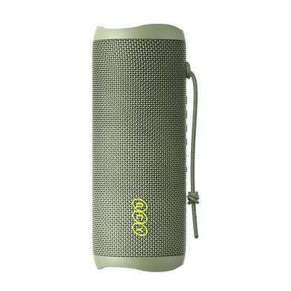 Green QCY SP7 speaker featuring a side view and a hanging strap