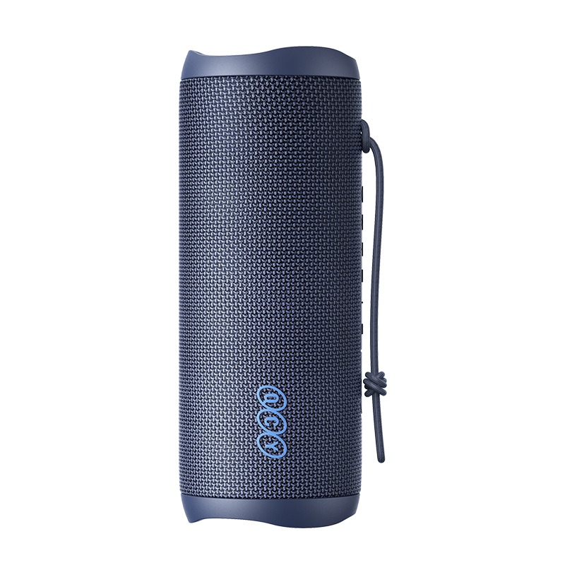 Blue QCY SP7 speaker with a textured finish and a side view.