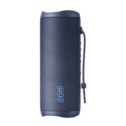 Blue QCY SP7 speaker with a textured finish and a side view.